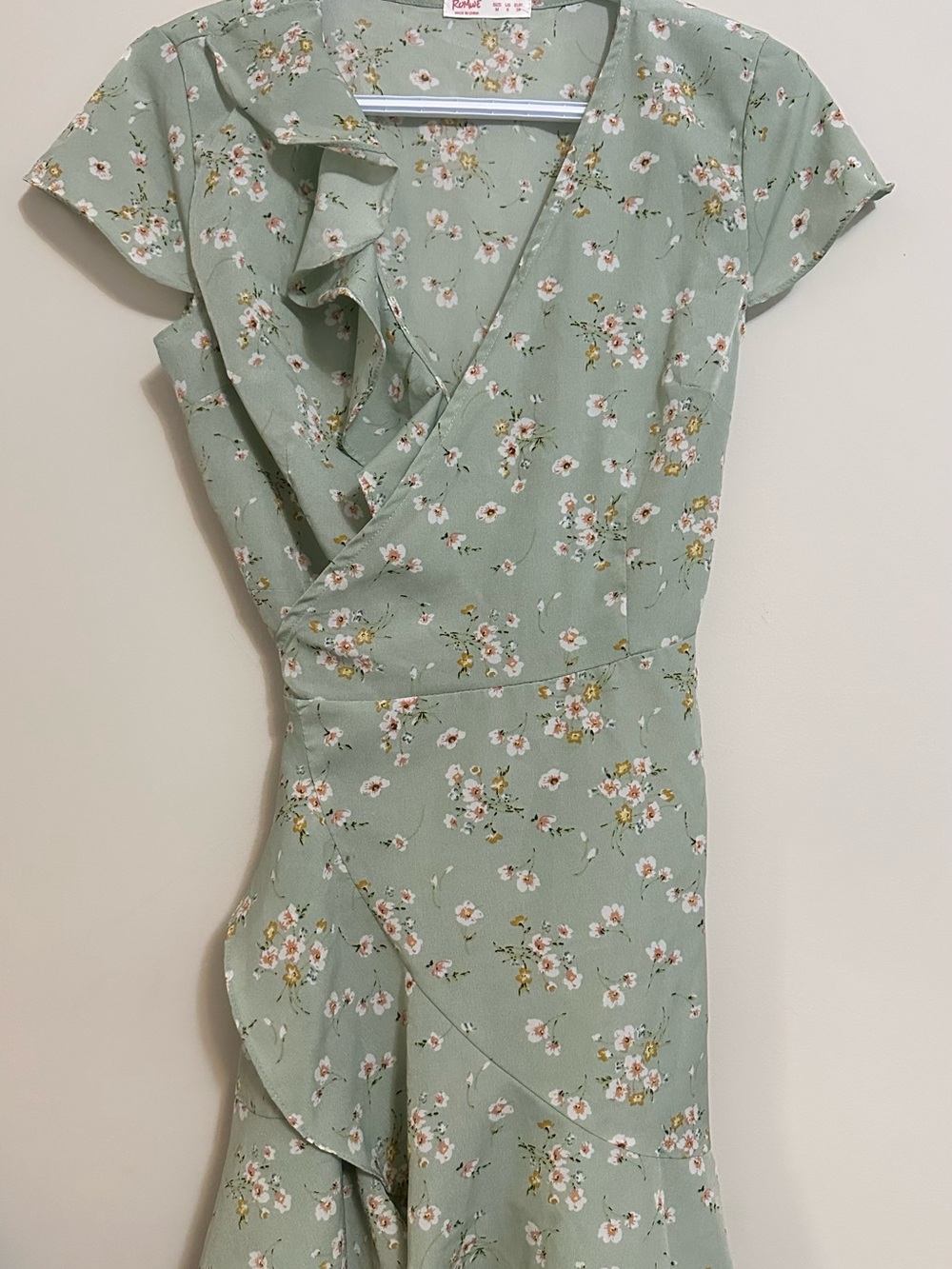 ROMWE Sage Green Floral Wrap Midi Dress